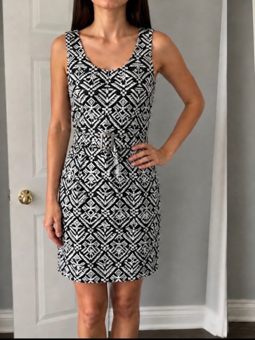 Monochromatic Mosaic Belted Dress